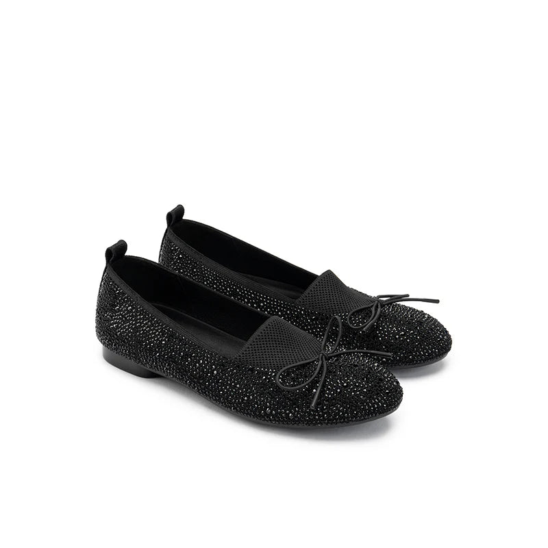 Rhinestone Bow Knit Round Toe Ballet Flats - Black