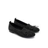 Rhinestone Bow Knit Round Toe Ballet Flats - Black
