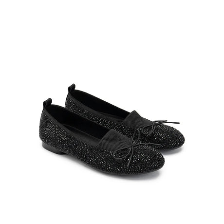 Rhinestone Bow Knit Round Toe Ballet Flats - Black