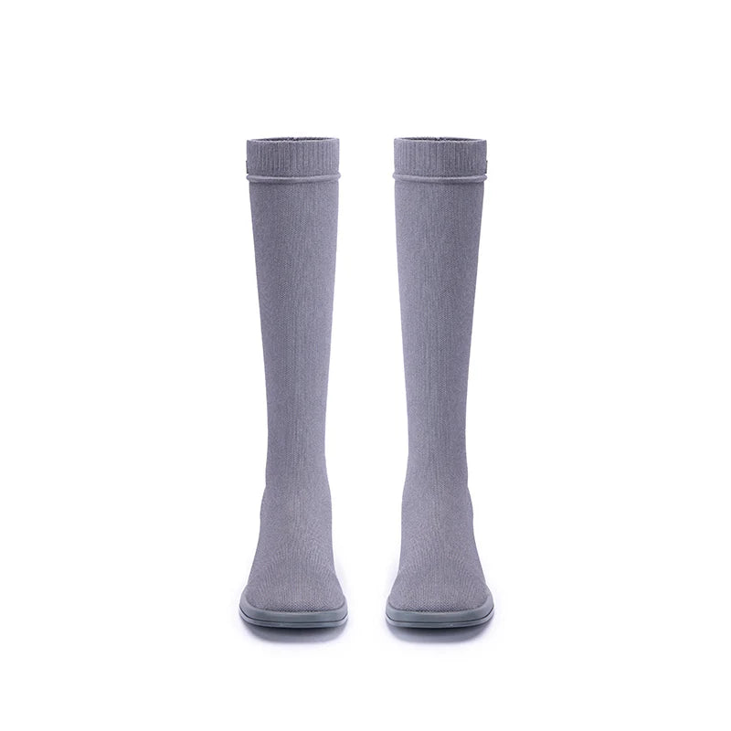Mademoiselle Round Toe Knee High Sock Boots - Grey