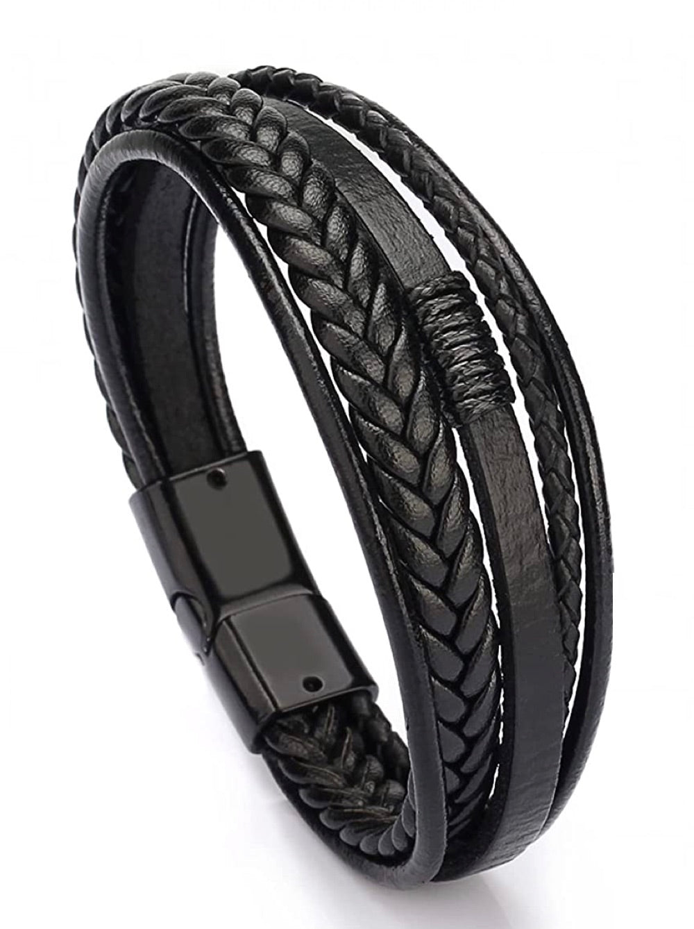 Stephen Oliver Black Leather Woven Layer Bracelet