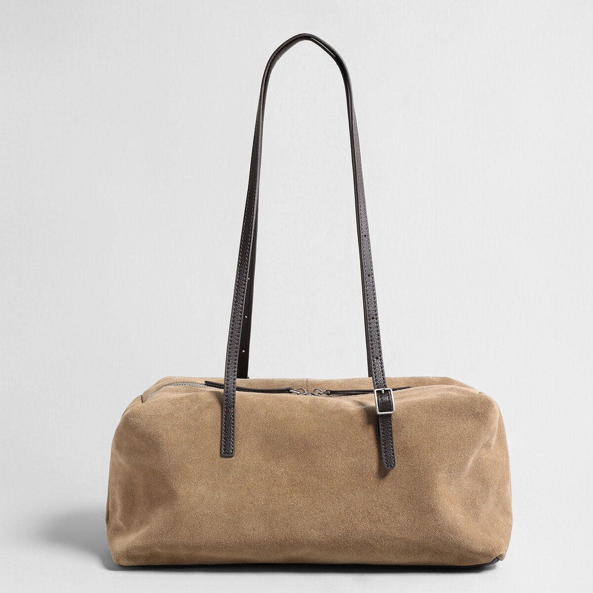 Suede Leather East-West Bowling Bag - Oat