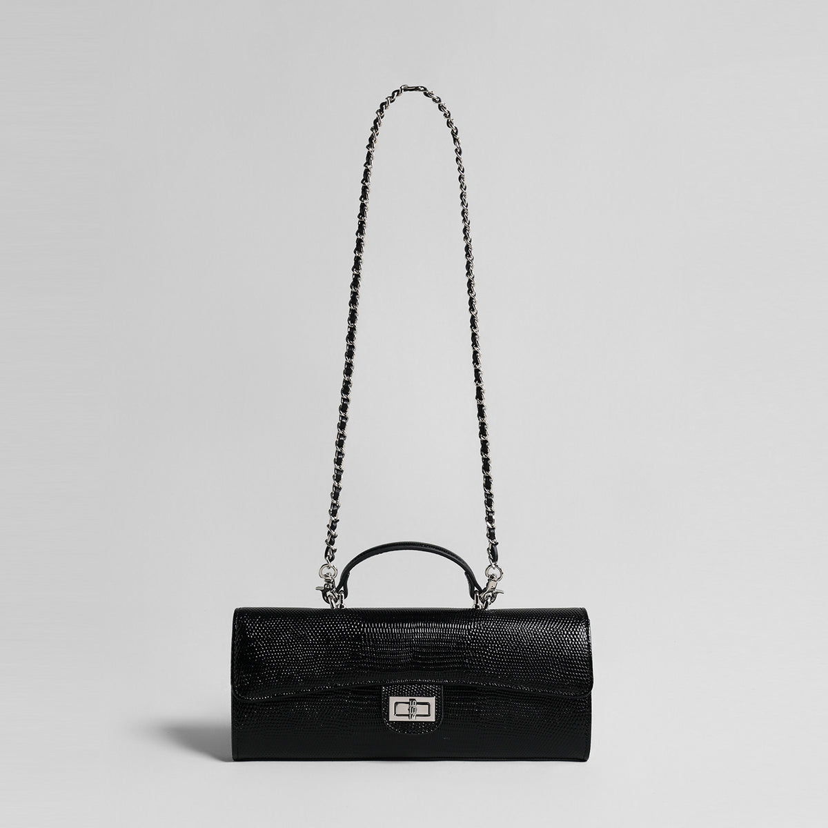 Lizard Embossed Leather Baguette Bag – Black Chain Shoulder Bag