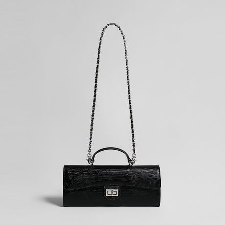 Lizard Embossed Leather Baguette Bag – Black Chain Shoulder Bag