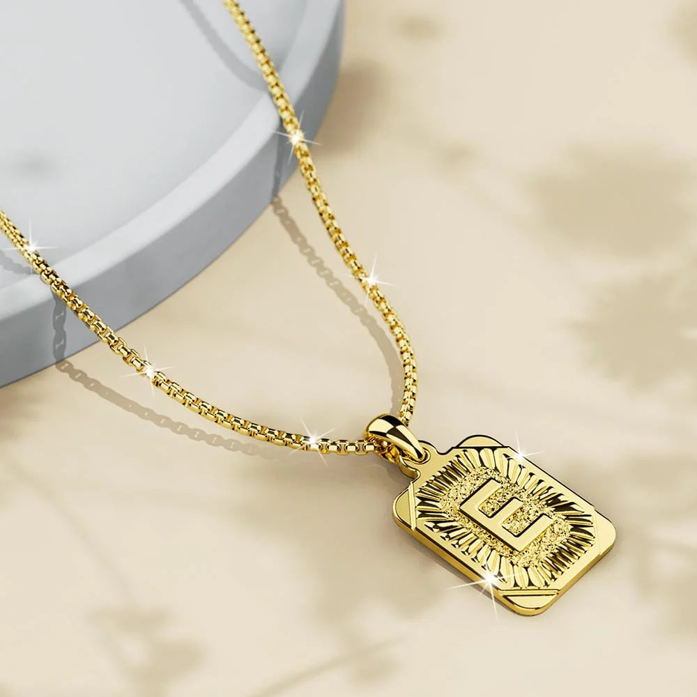 Bullion Gold Vintage Inspired Initial Medal Gold Bar Pendant Round Box Chain Necklace