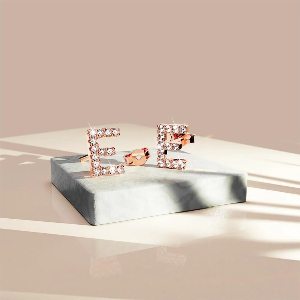 Solid 925 Sterling Silver Glamour Alphabet Letter Earrings Rose Gold