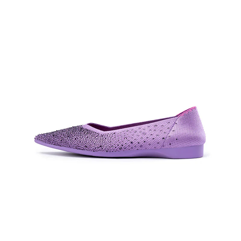 Rhinestone Knit Pointed Toe Ballet Flats - Lilac