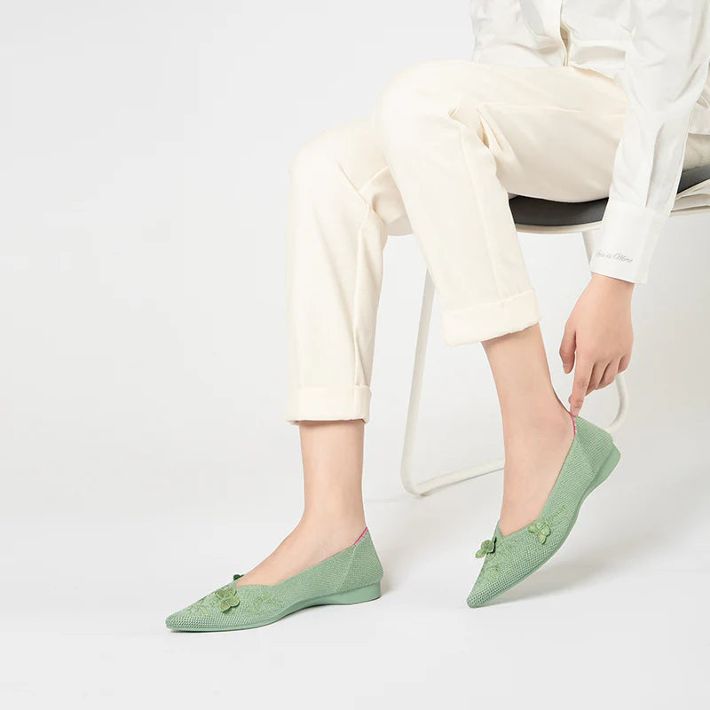Butterfly Floral Knit Pointed Toe Ballet Flats - Mint