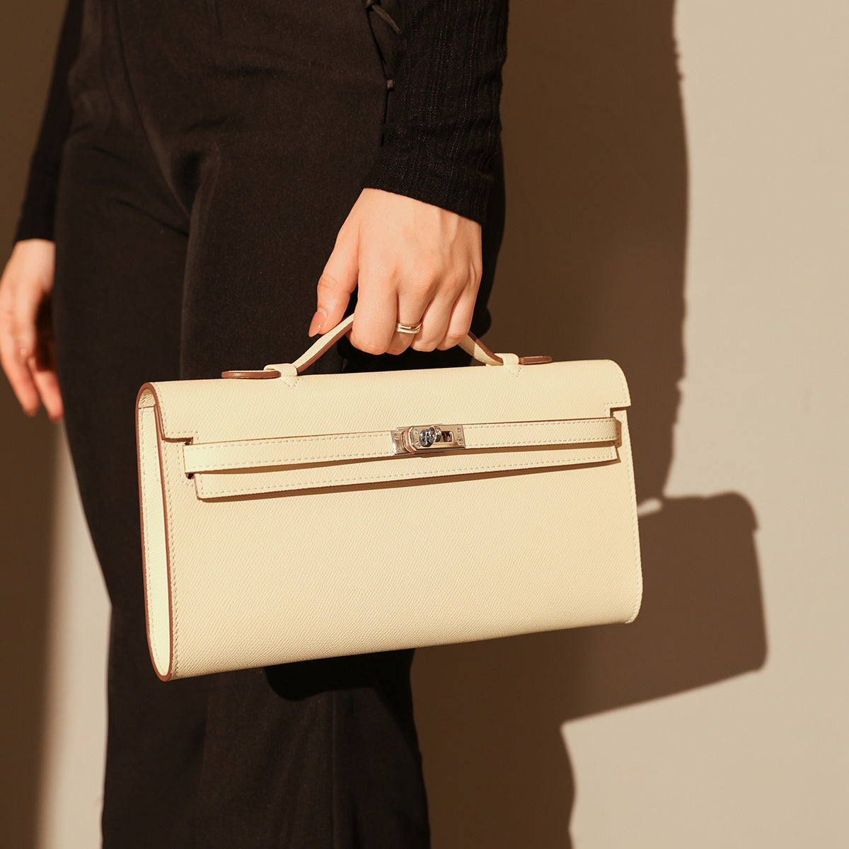 Structured Saffiano Leather Top-Handle Clutch - Ivory