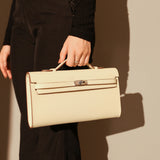 Structured Saffiano Leather Top-Handle Clutch - Ivory