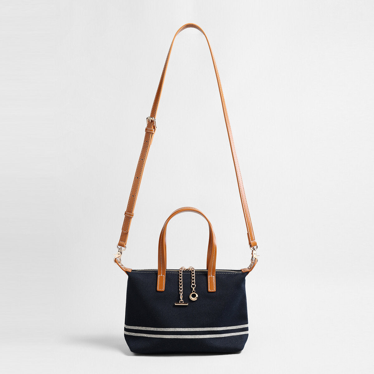 Canvas Leather Trim Mini Tote - Navy
