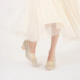 Rhinestone Bow Knit Round Toe Block Heel Pumps - Ivory