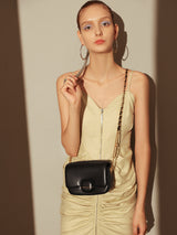 Structured Buckle Leather Shoulder Bag - Black
