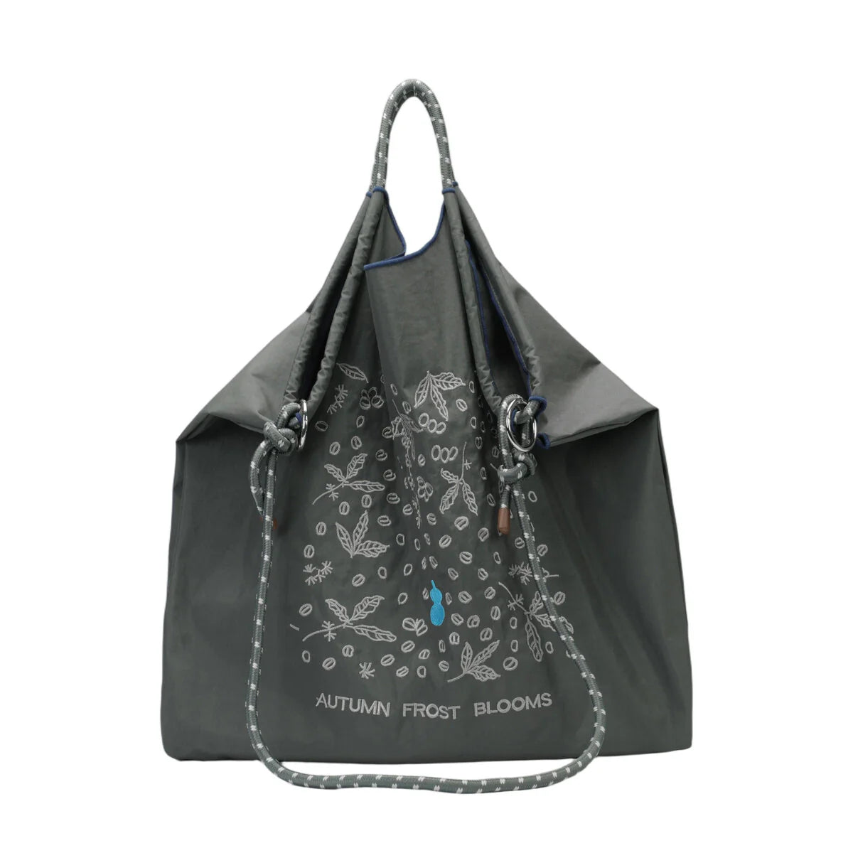 BAMEI Recycled Nylon Tote Bag with Floral Bunny Embroidery & Braided Rope Strap - Charcoal