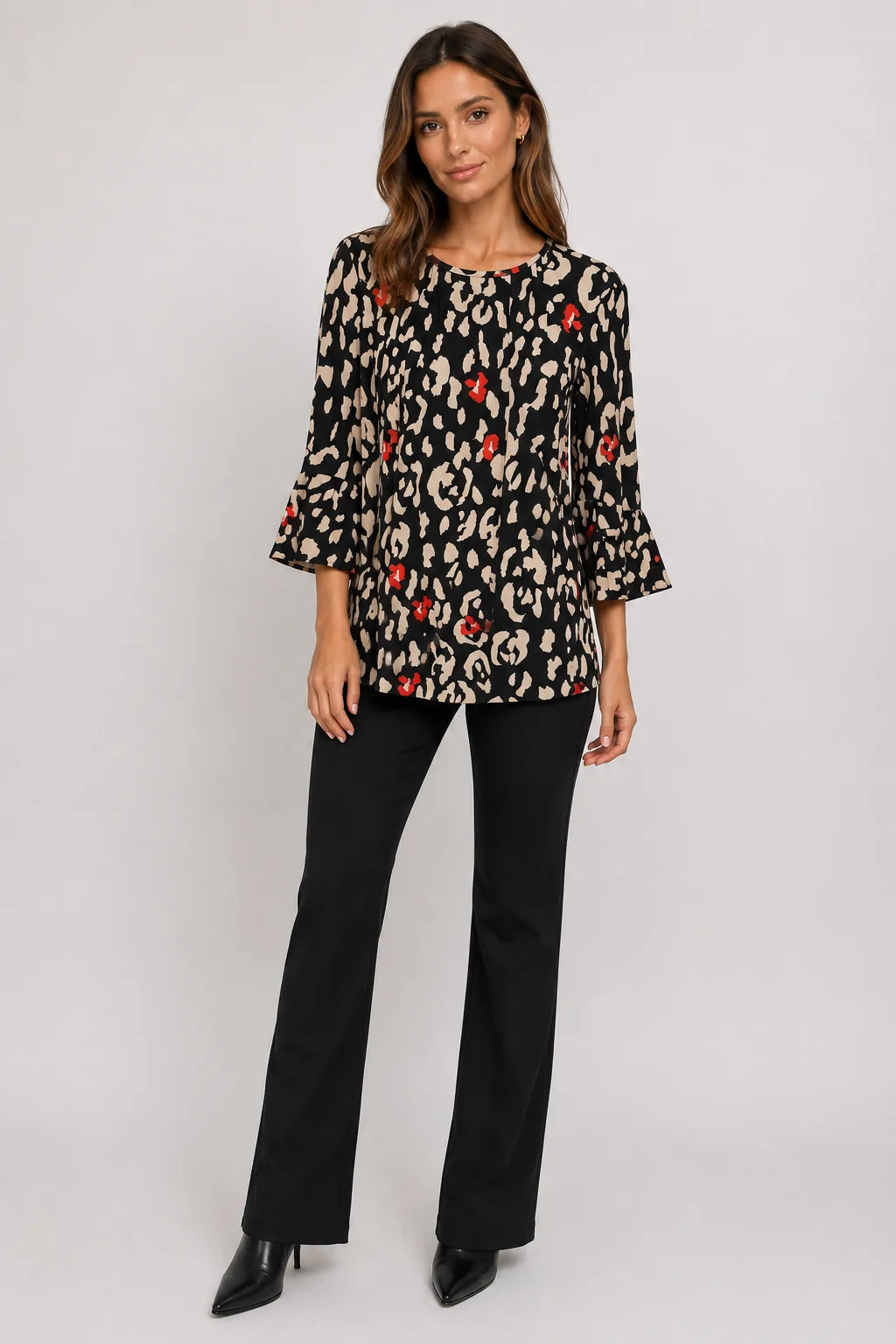 Worship Women's Loose  with Frill Sleeve Top - Black-Red-Print