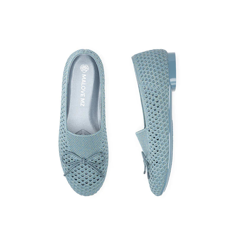 Bow Hollow Mesh Knit Round Toe Low Heel Flats - Blue