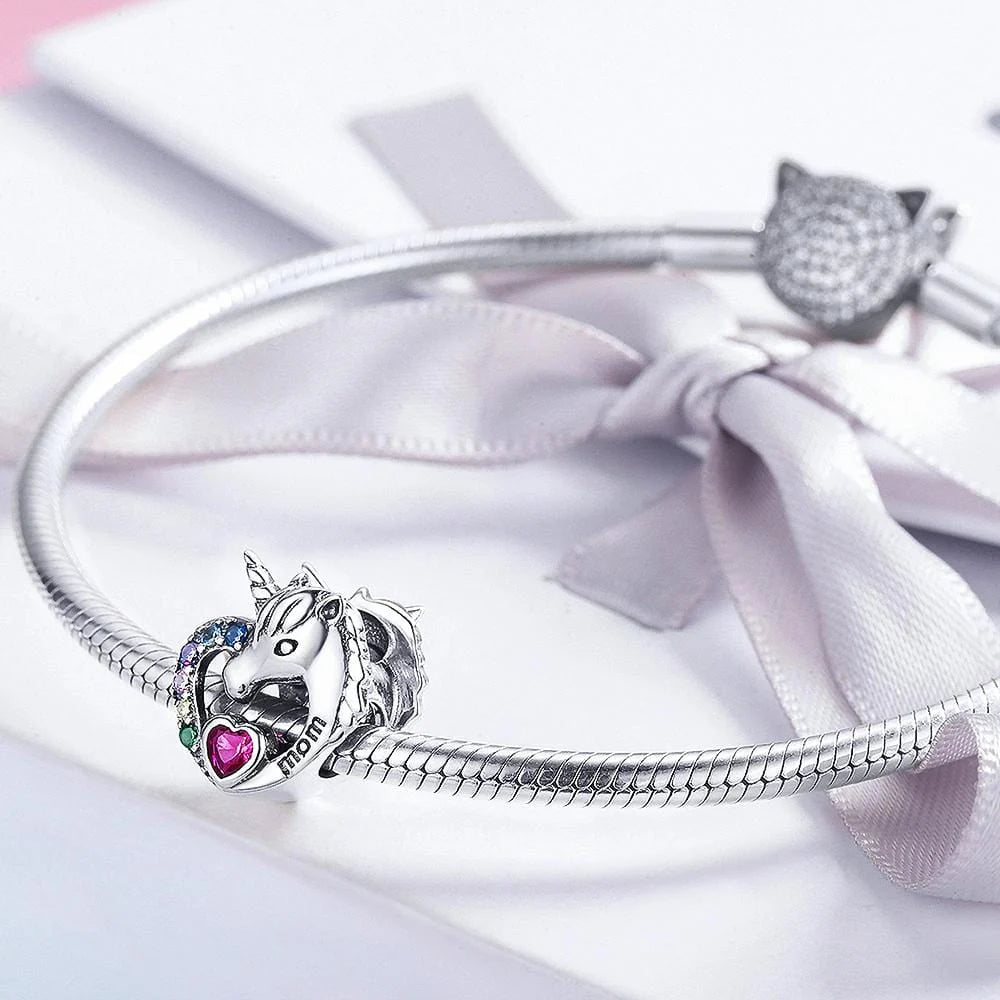 Solid 925 Sterling Silver Mom Inscription Unicorn Multicoloured CZ Charm