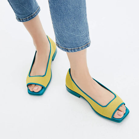 Colorblock Peep Toe Knit Flats - Yellow