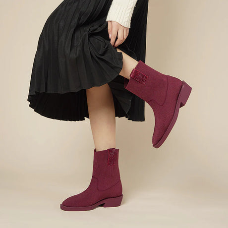 Knit Block Heel Ankle Boots - Wine
