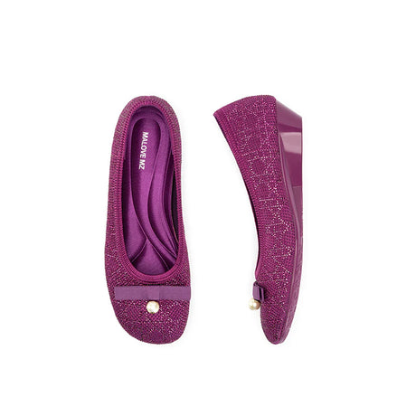 Pearl Bow Czech Crystal Knit Round Toe Wedge Pumps - Fuchsia