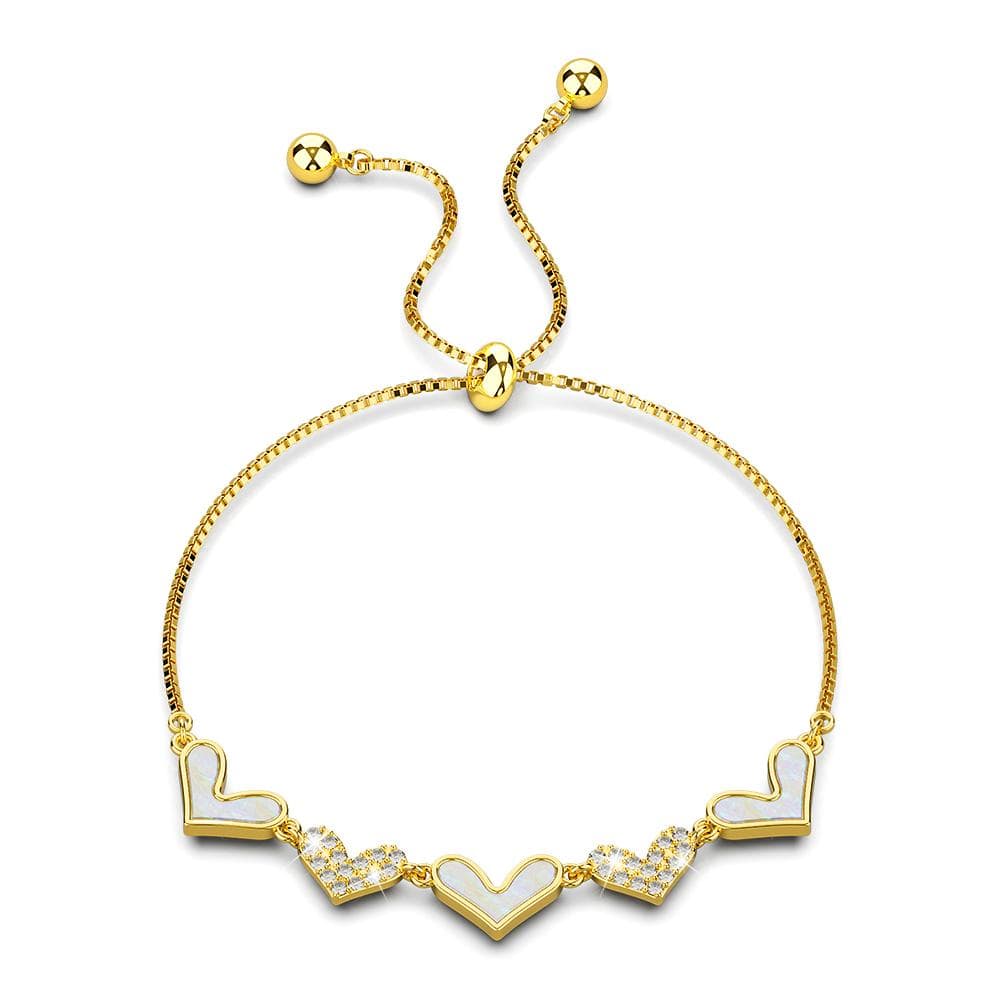 Bullion Gold Laurel Diamonelle Hearts on Mother of Pearl Shell Adjustable Slider Bracelet Gold