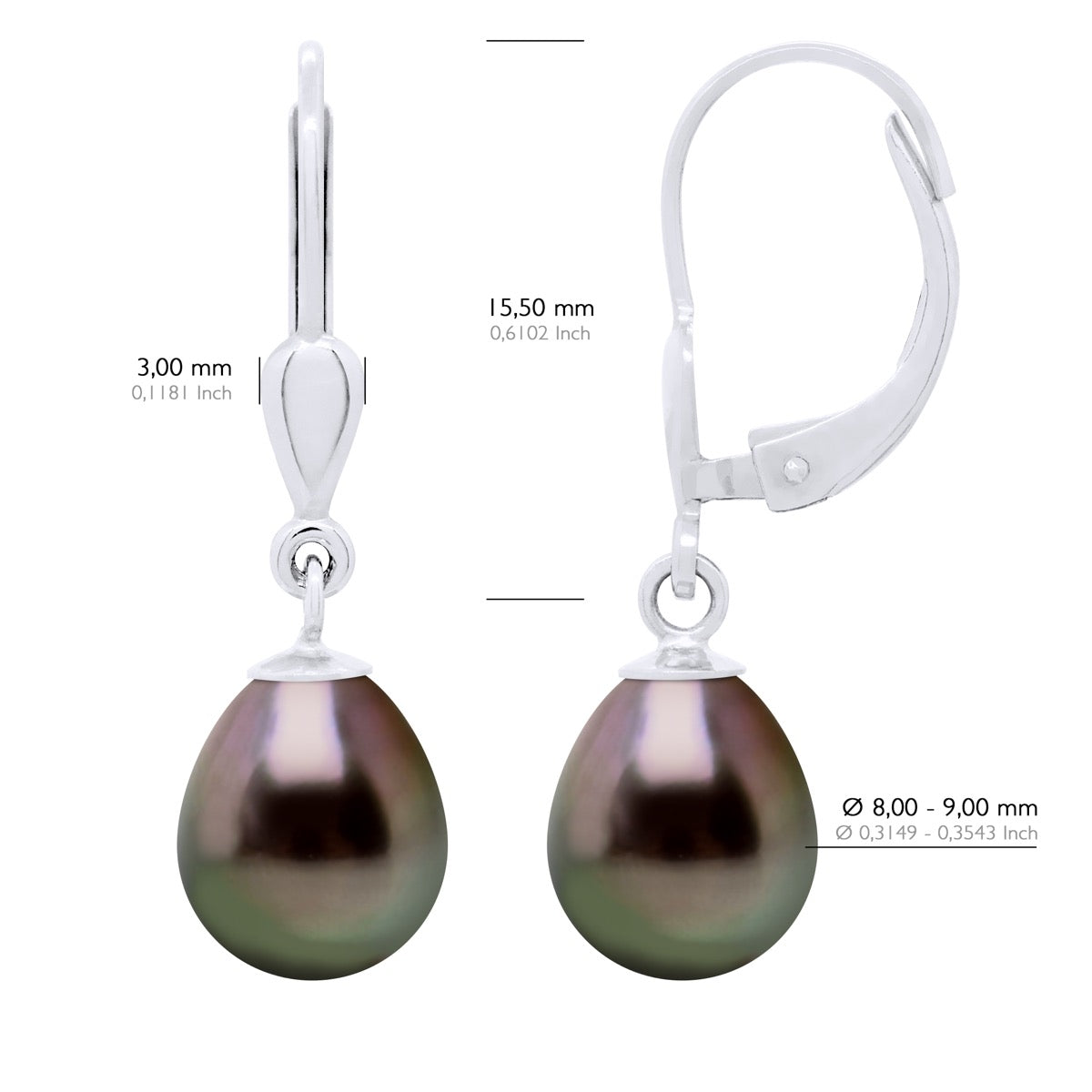 Earrings of Silver 925 and Real Cultured Tahiti Pearls Pear 8-9 mm - Longueur 18 cm
