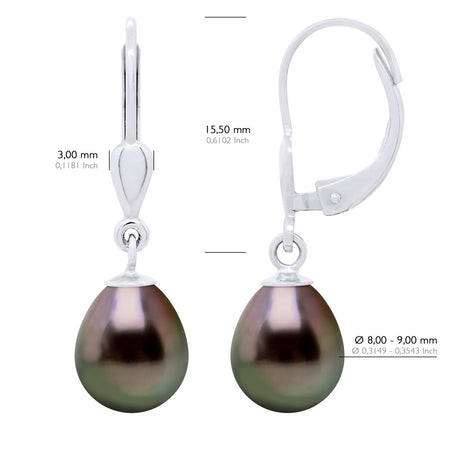 Earrings of Silver 925 and Real Cultured Tahiti Pearls Pear 8-9 mm - Longueur 18 cm