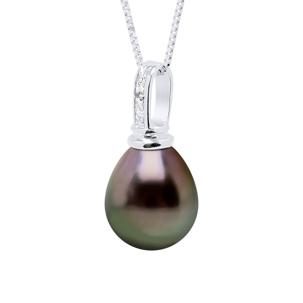 Pendant Prestige White Gold 375 & Diamond 0.03 Cts (3 X 0,01 Cts) -Real Cultured Tahiti Pearl Pear 10-11 mm - Longueur 42 cm