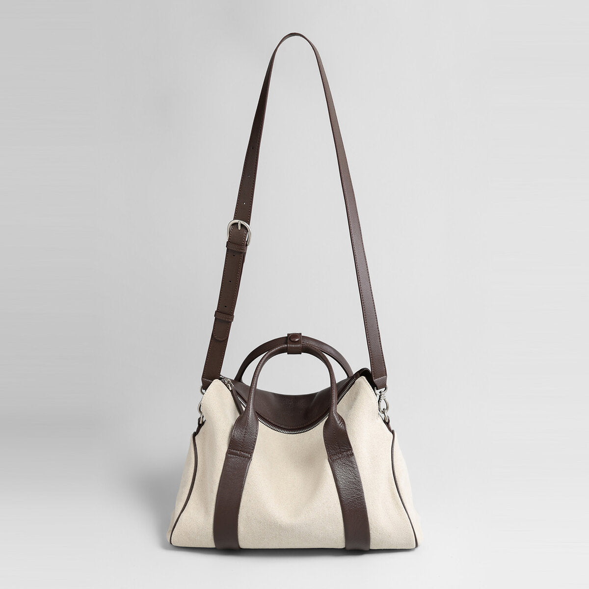 Canvas & Leather Curved-Top Satchel - Ivory