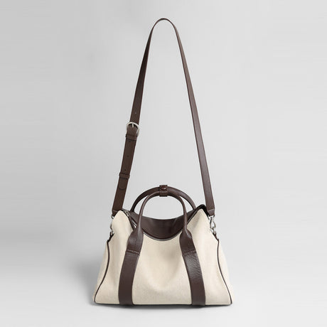 Canvas & Leather Curved-Top Satchel - Ivory