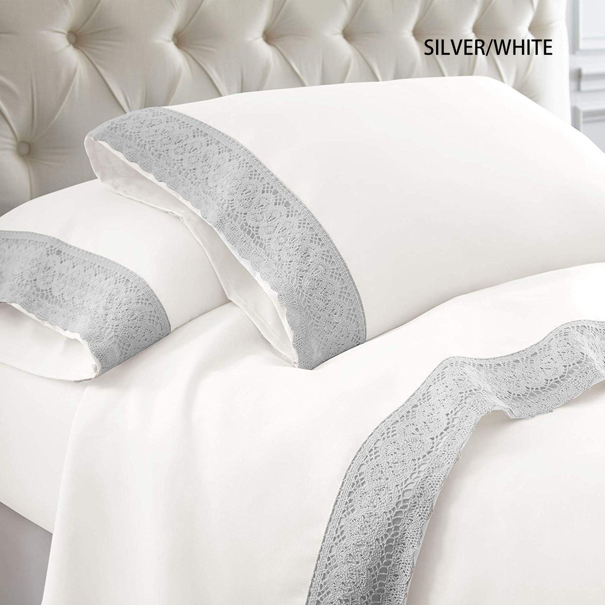 Ramesses Crochet-Lace Microfibre Sheet Set - Silver Lace White Fabric