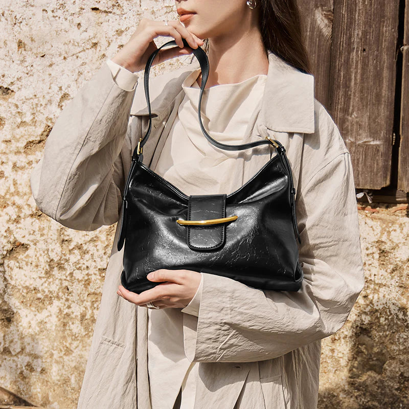 Nalandu Luxe Glossy Hobo Shoulder Bag - Black