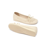 Pearl Bow Heart Mesh Knit Round Toe Wedge Flats - Ivory