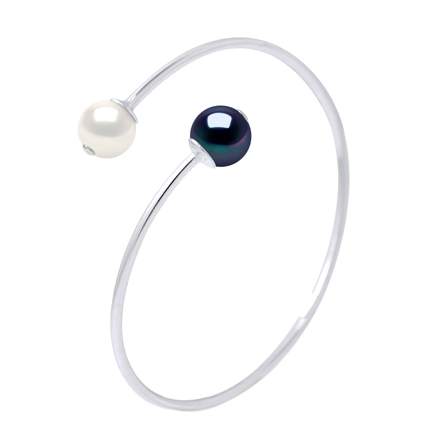 Bangle Bracelet Prestige You & Me - Natural White + "Black Tahitian Style" - adjustable for Wrist from 14 to 20 cm of Girth