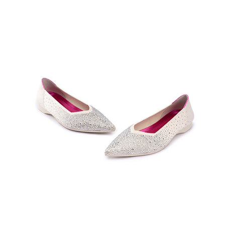 Rhinestone Knit Pointed Toe Ballet Flats - White