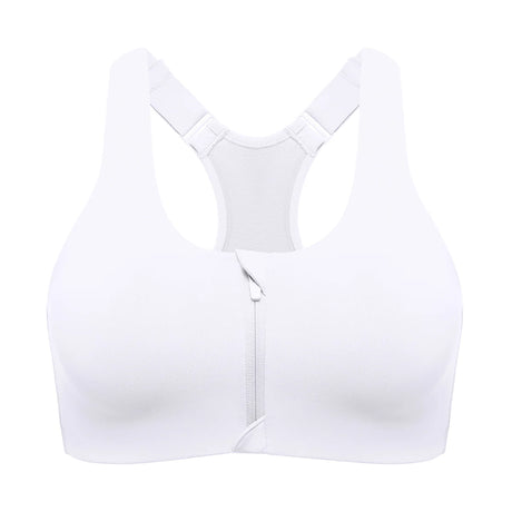 Power On Soft Padded High Impact Zip Front Sports Bra - White