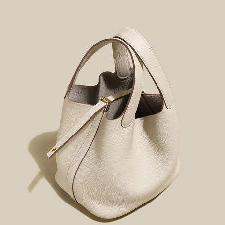 Premium Pebbled Leather Bucket Tote Bag - Ivory