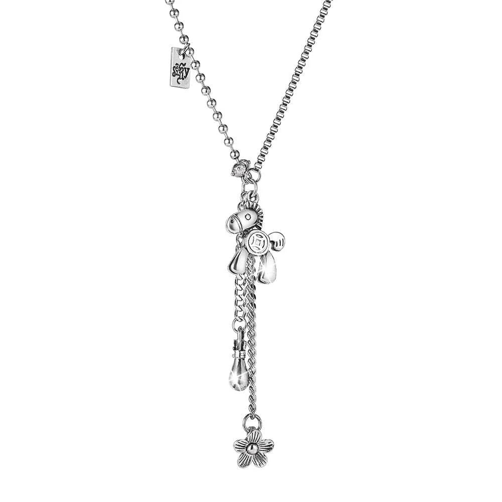 Bullion Gold Petite Pony and Flower Long Chain Necklace in White Gold