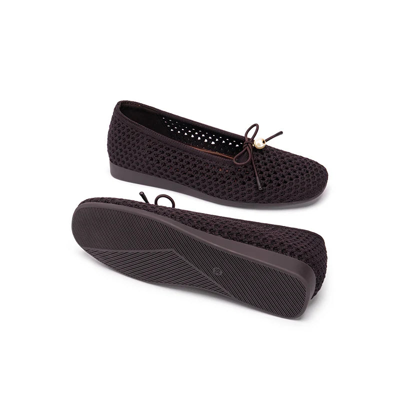 Pearl Bow Heart Mesh Knit Round Toe Wedge Flats - Chocolate