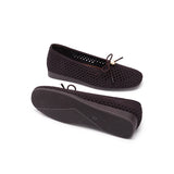 Pearl Bow Heart Mesh Knit Round Toe Wedge Flats - Chocolate