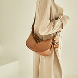Nalandu Crescent Leather Crossbody Shoulder Bag with Bear Charm - Brown