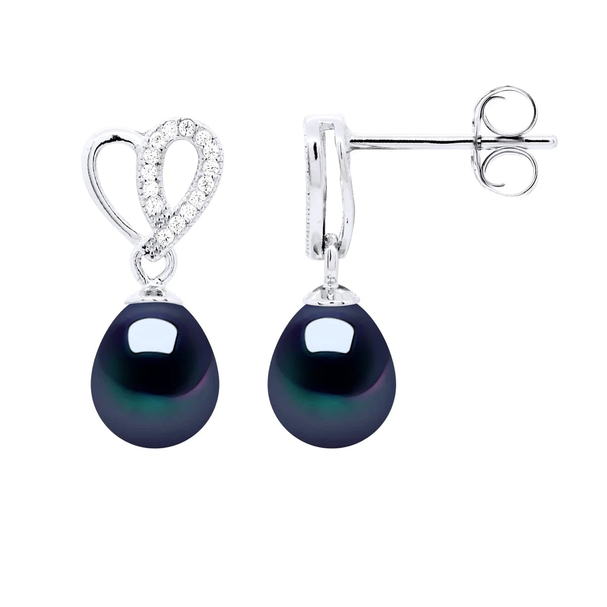 Drop Earrings Freshwater Pearl & Cubic Zirconia Black Sterling Silver 7-8mm