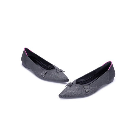Butterfly Floral Knit Pointed Toe Ballet Flats - Charcoal