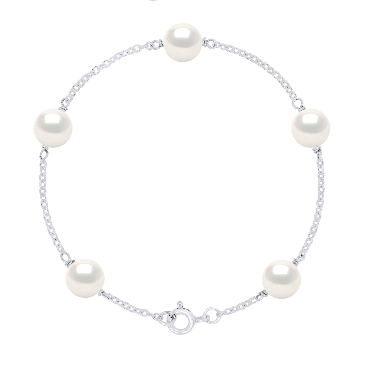 Bracelet Link Forçat Prestige of Silver 925 Rhodium Plated and 5 Real Cultured Freshwater Pearls Round 8-9 mm - Natural Pearl White - Longueur 18 cm