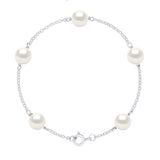 Bracelet Link Forçat Prestige of Silver 925 Rhodium Plated and 5 Real Cultured Freshwater Pearls Round 8-9 mm - Natural Pearl White - Longueur 18 cm