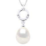 Necklace Jewelry Diamond 0.01Cts (3 X 0.0033 Cts) White Gold and Real Cultured Freshwater Pearl Pear 9-10 mm - Natural White - Longueur 42 cm
