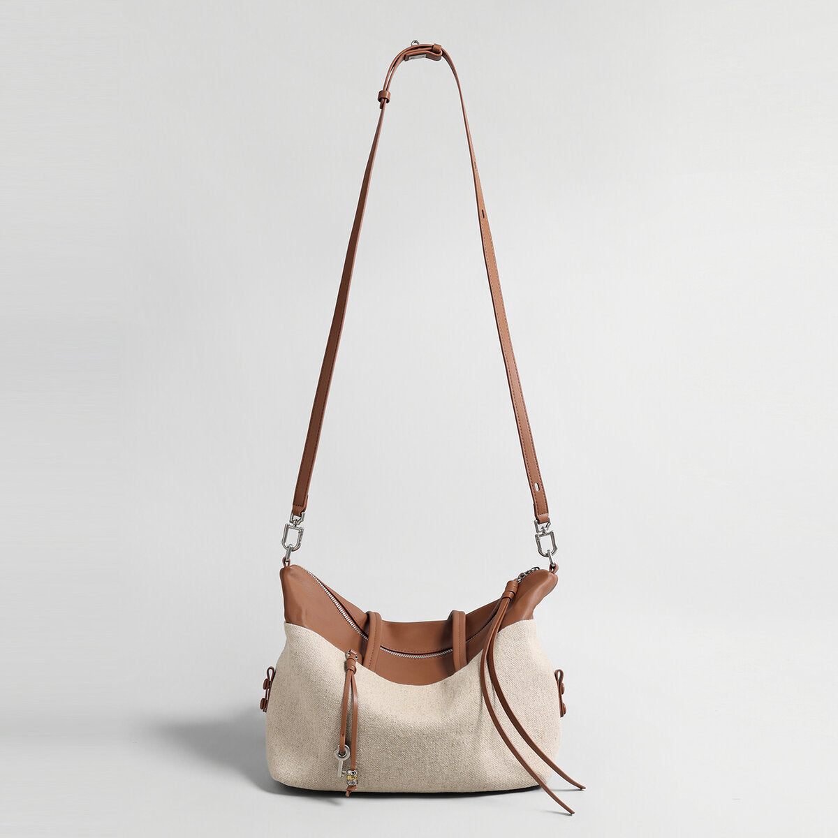 Linen & Leather Colour-Block Tote Bag - Brown