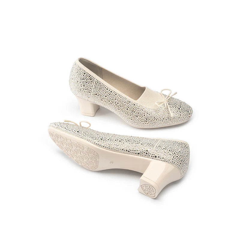 Rhinestone Bow Knit Round Toe Block Heel Pumps - Ivory