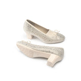 Rhinestone Bow Knit Round Toe Block Heel Pumps - Ivory
