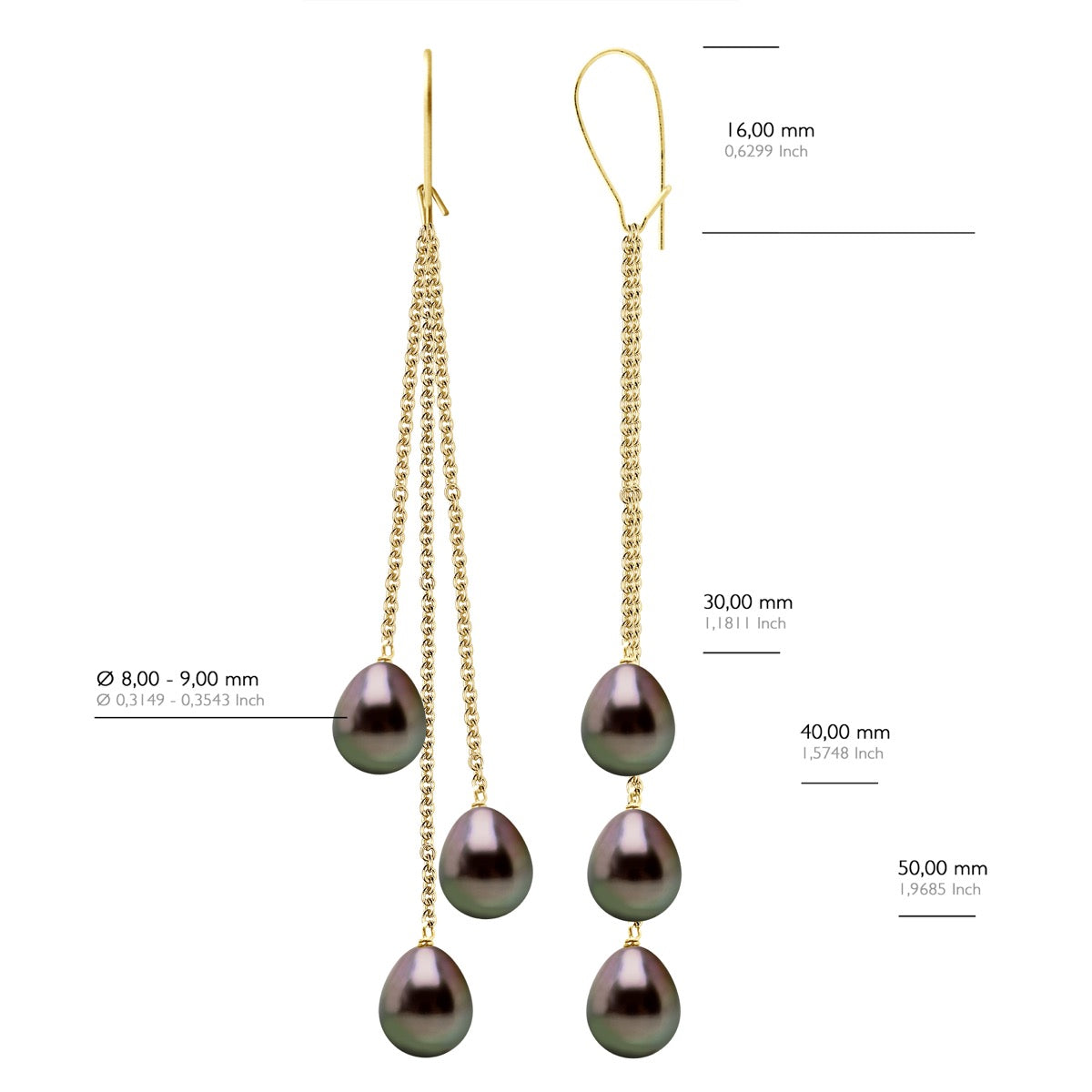 Earrings 2 X3 Real Cultured Tahiti Pearls Pear 8-9 mm - Rainbow - Height Earrings 70 mm